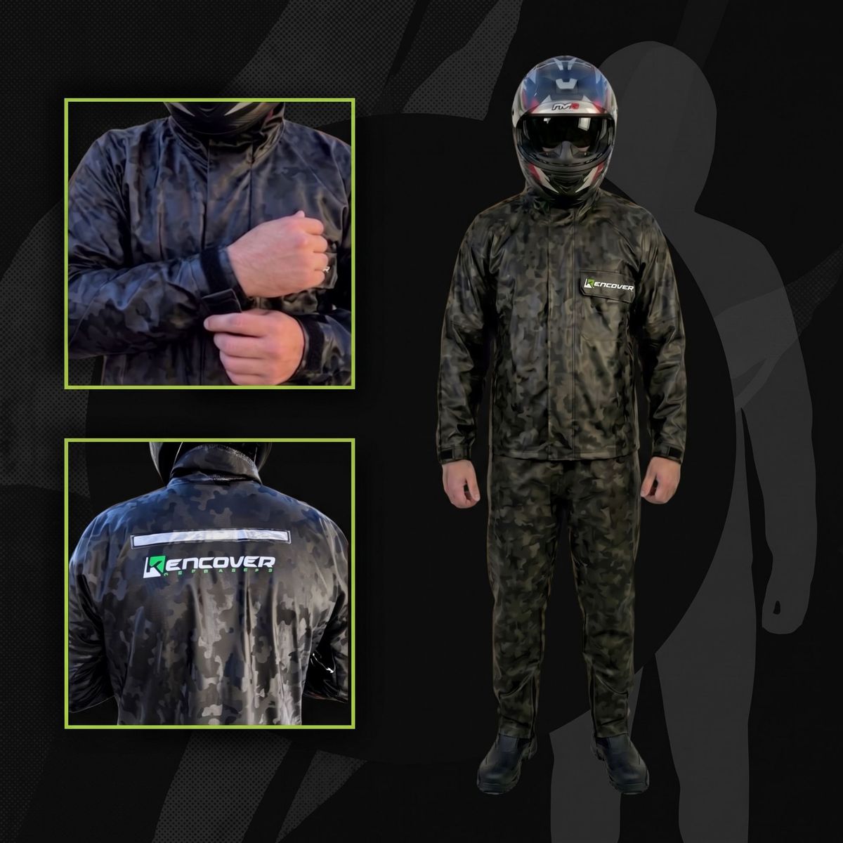 Capa de chuva Kencover camuflada vestida por um motociclista